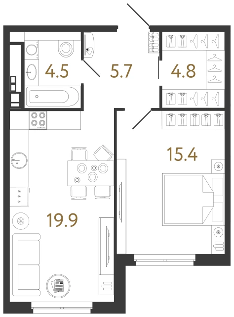1-комнатная квартира 50,3 м² в клубном доме Визионер