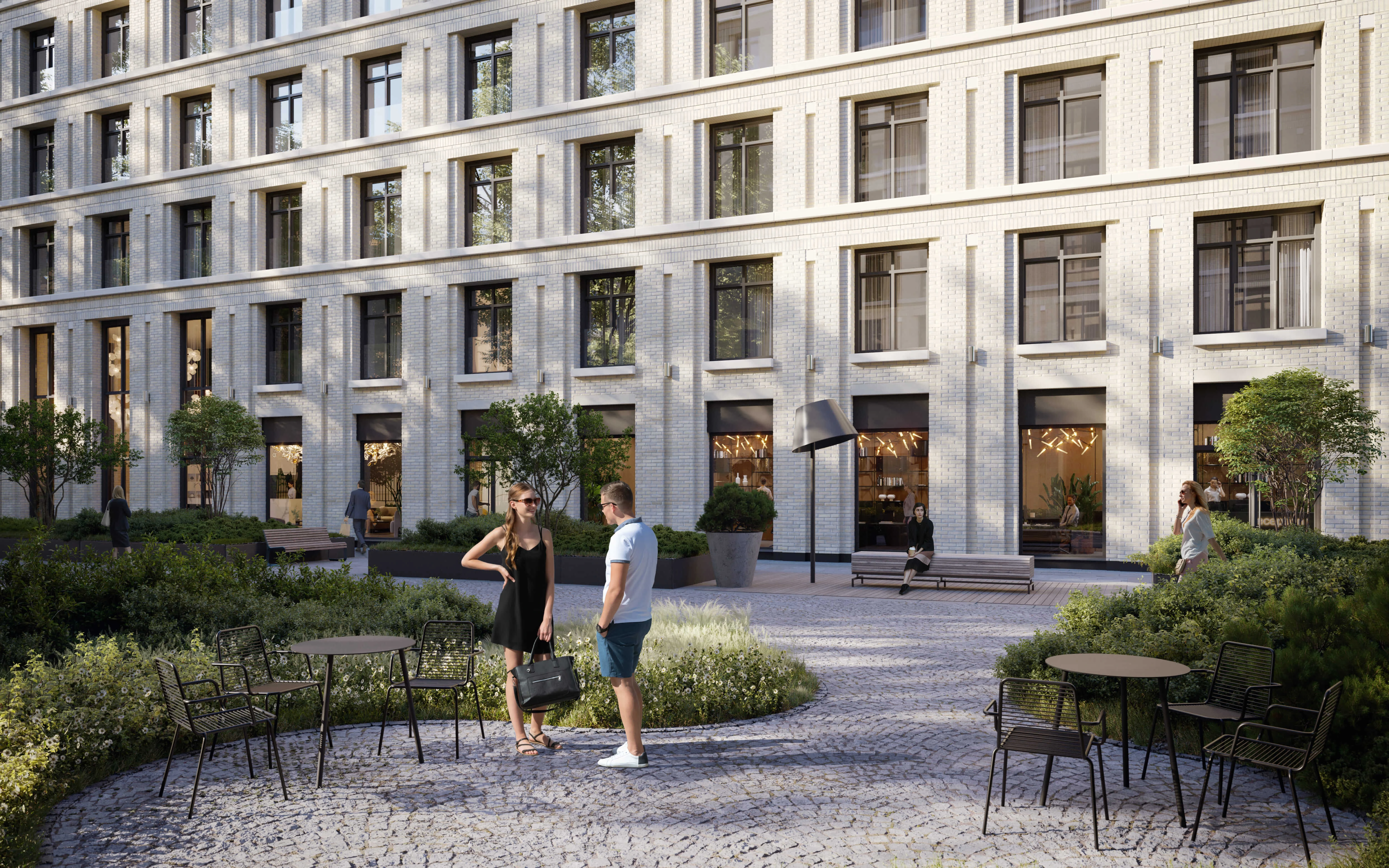 Внутренний двор клубного дома Визионер с современной архитектурой, зонами отдыха и ландшафтным дизайном