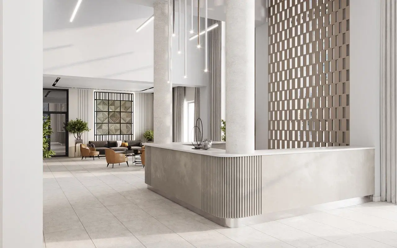 Современное лобби клубного дома Визионер с высокими потолками, элегантной мебелью и арт-галереей